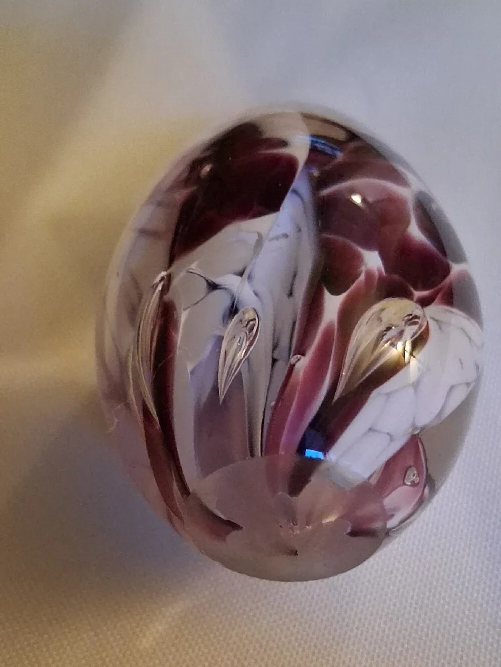 Handblown Glass Paperweight in Purple and White